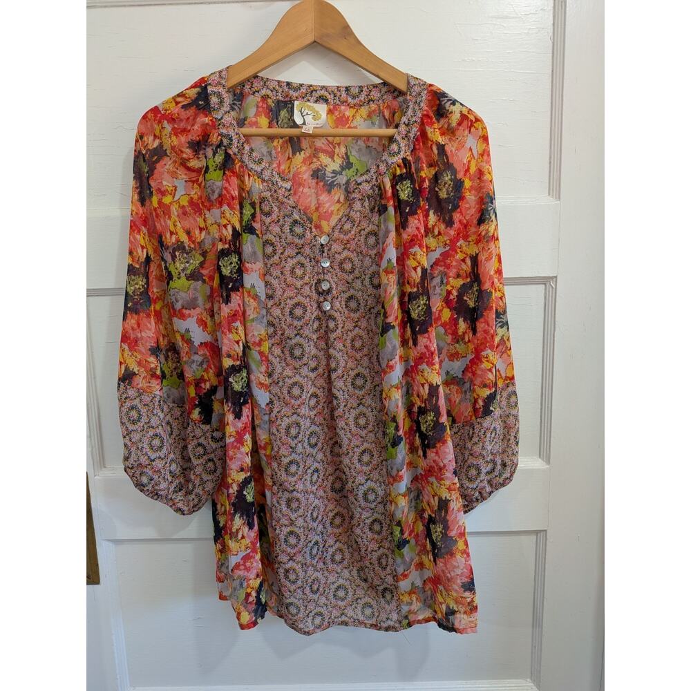 FIG & FLOWER 1X Floral Tunic Blouse Boho Mixed Print V-Neck 3/4 Sleeve Anthro